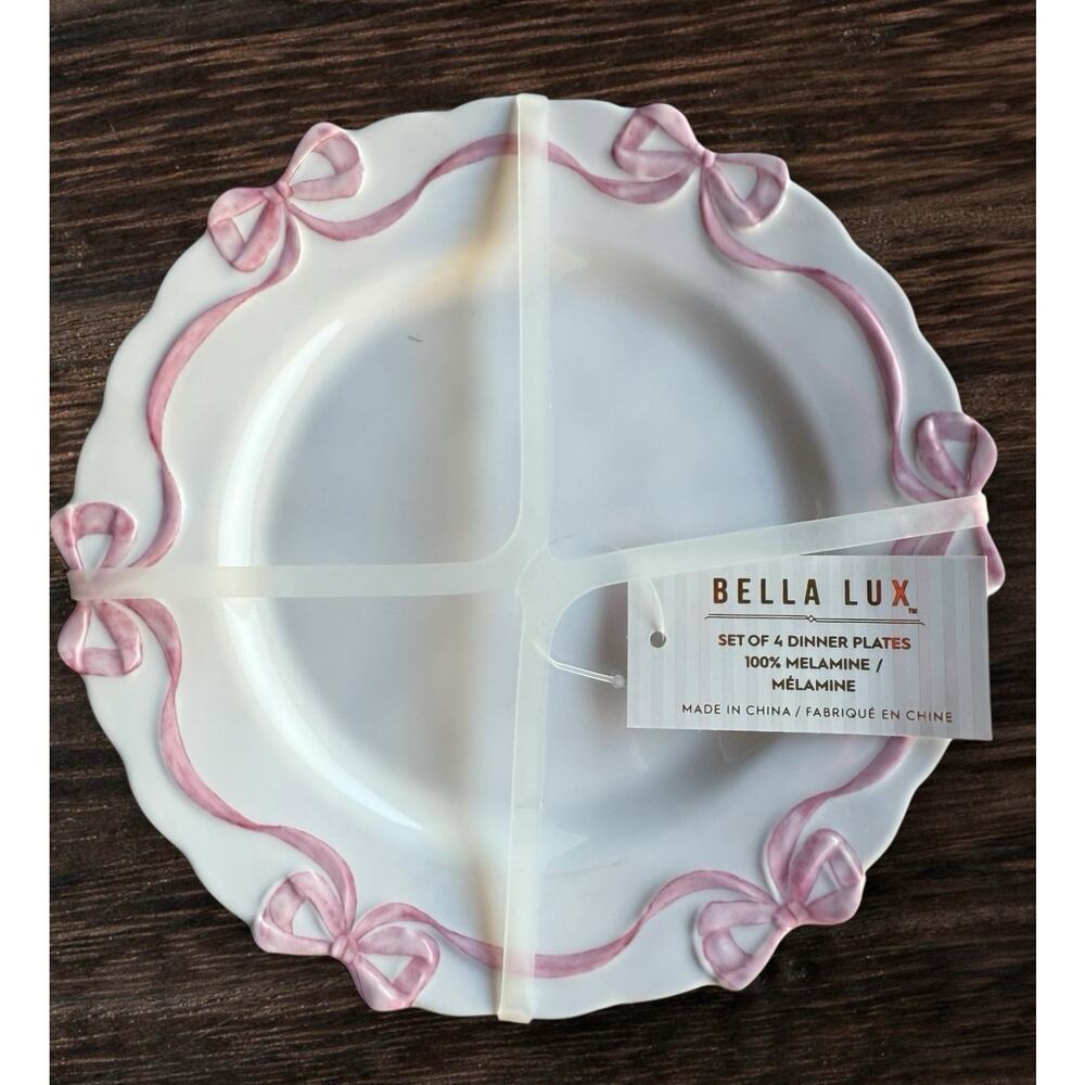 6.5” in. Pink Bow Melamine Plates by Bella Lux set of 4